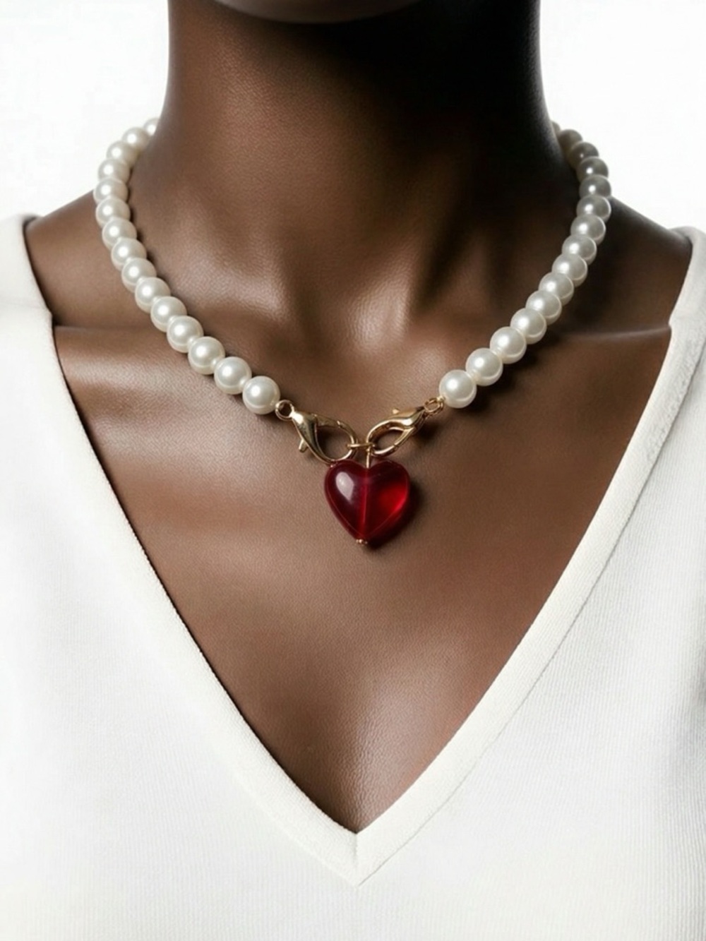 Pearl Necklace with Red Heart Pendant